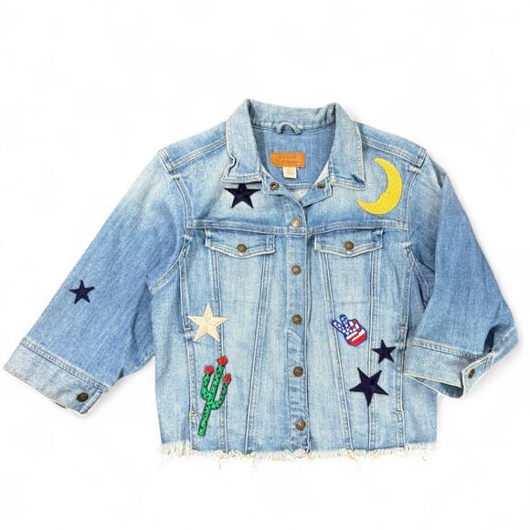 GUESS Cropped Frayed Denim Jacket S USA Cactus Patches‎ Boho Festival 90sRevival - Picture 1 of 13